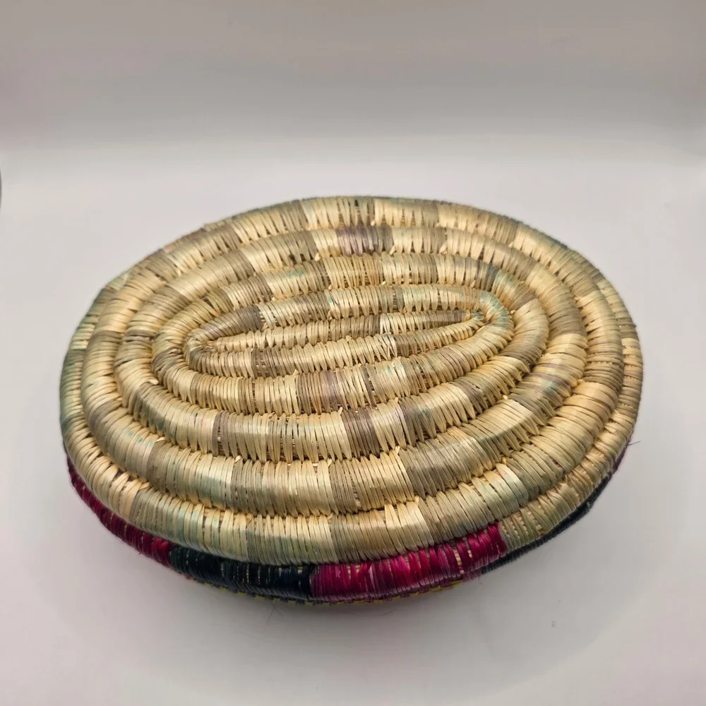 Handwoven Coiled Grass Muday Basket Ethiopian‎ Pink Green Yellow Boho Lidded Box